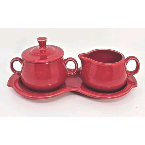 Set of 3 Fiesta Ware 1987 Scarlet Red 4-Piece Sugar Bowl, Lid, Creamer Tray 10" - Picture 1 of 14